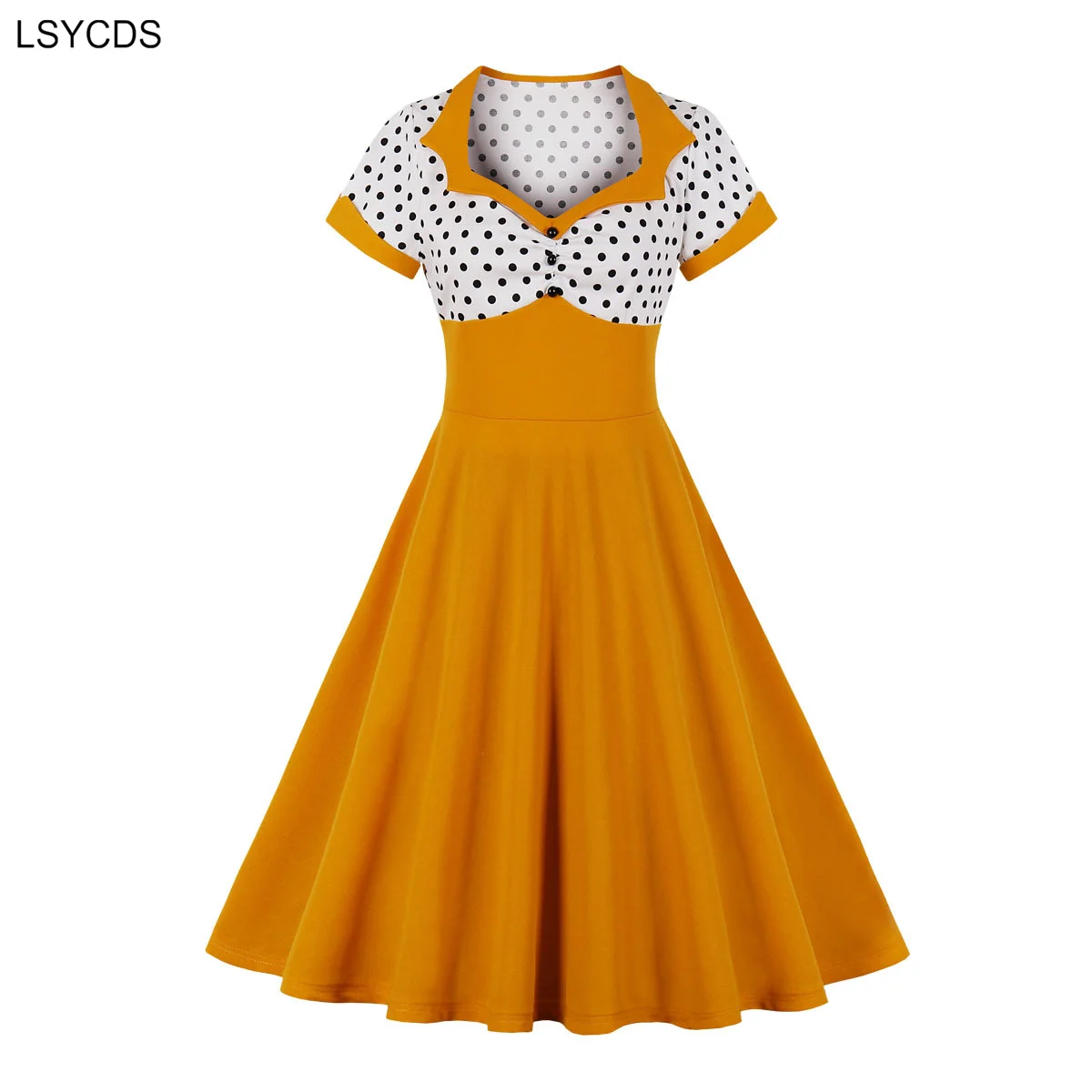 LSYCDS High Waist Women Dress 2024 New Vintage 1950s Pin Up Sweetheart Neckline Short Sleeve Button Front Polka Dot Dresses