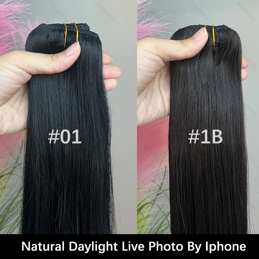 プレミアムレミークリップ式ヘアエクステ　人毛100%　シルクのような滑らかさ　12ヶ月以上の寿命　120g　12～22インチ　7ピースクリップ式ヘアエクステ　1B