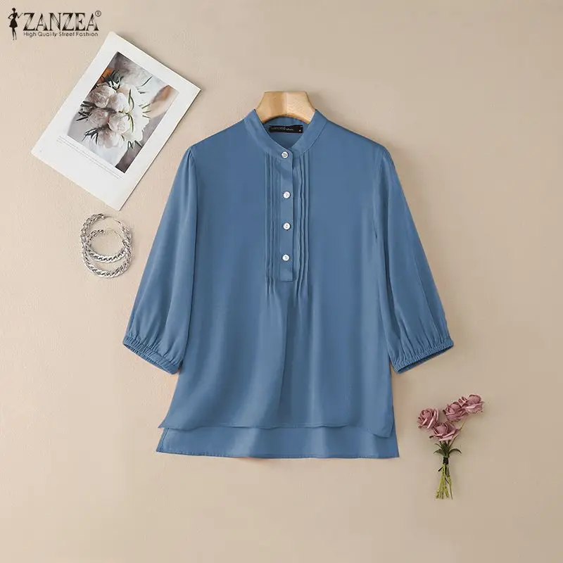 

2025 ZANZEA Autumn Elegant Shirt Fashion Women Stand Neck 3/4 Sleeve Blouse Casual Solid Buttons Tops Mujer Femme Work Blouse