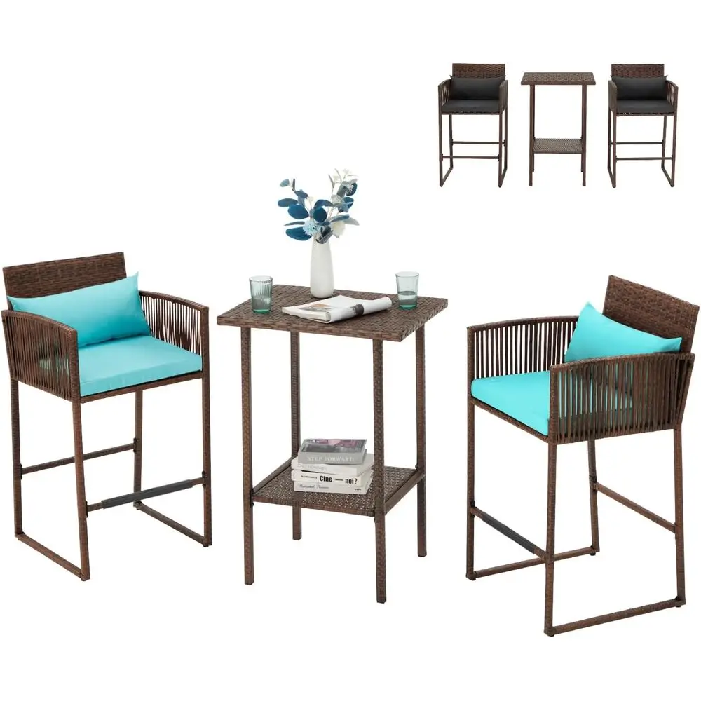 

Outdoor Wicker Bar Set with 3 Chairs, Blue Cushion Covers, Ideal for Patio, Balcony, and Poolside