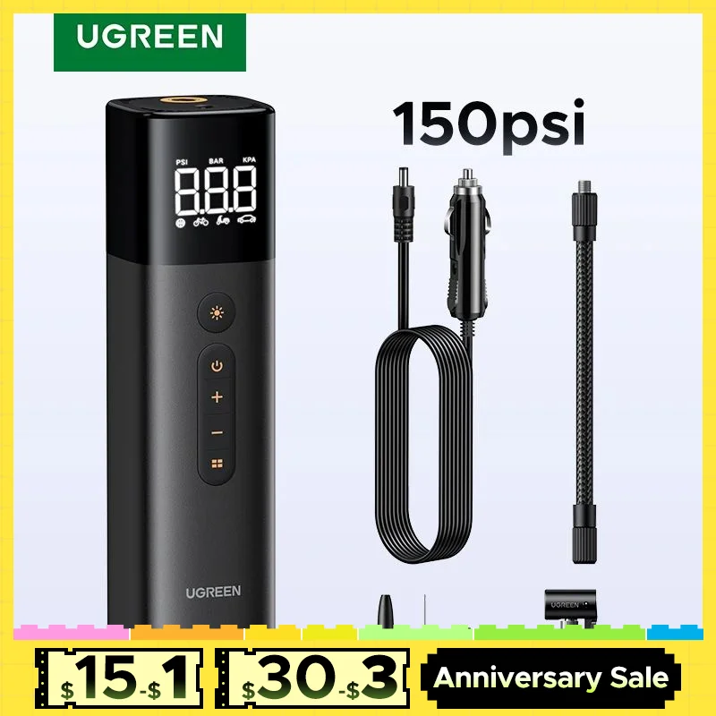 

UGREEN Car Air Pump Portable Air Compressor for Car Motorcycles Bicycle Electric Tire Inflator with LCD Digital Display