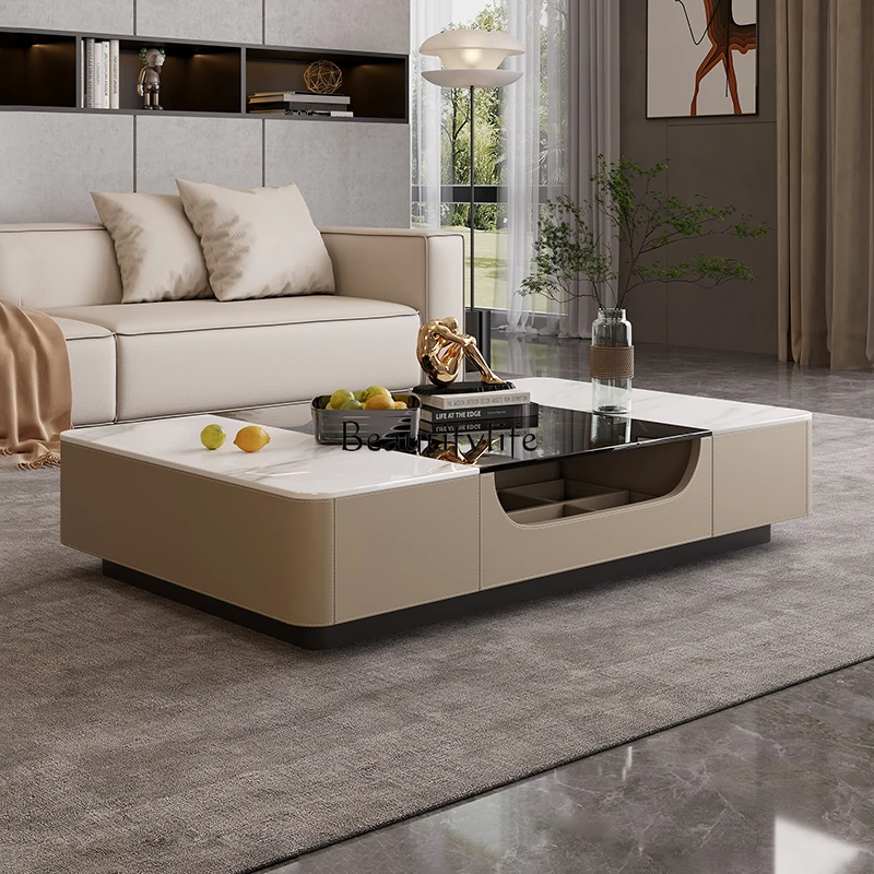 

Light luxury saddle leather coffee table Modern household high-end rectangular solid wood multi-functional storage coffee table