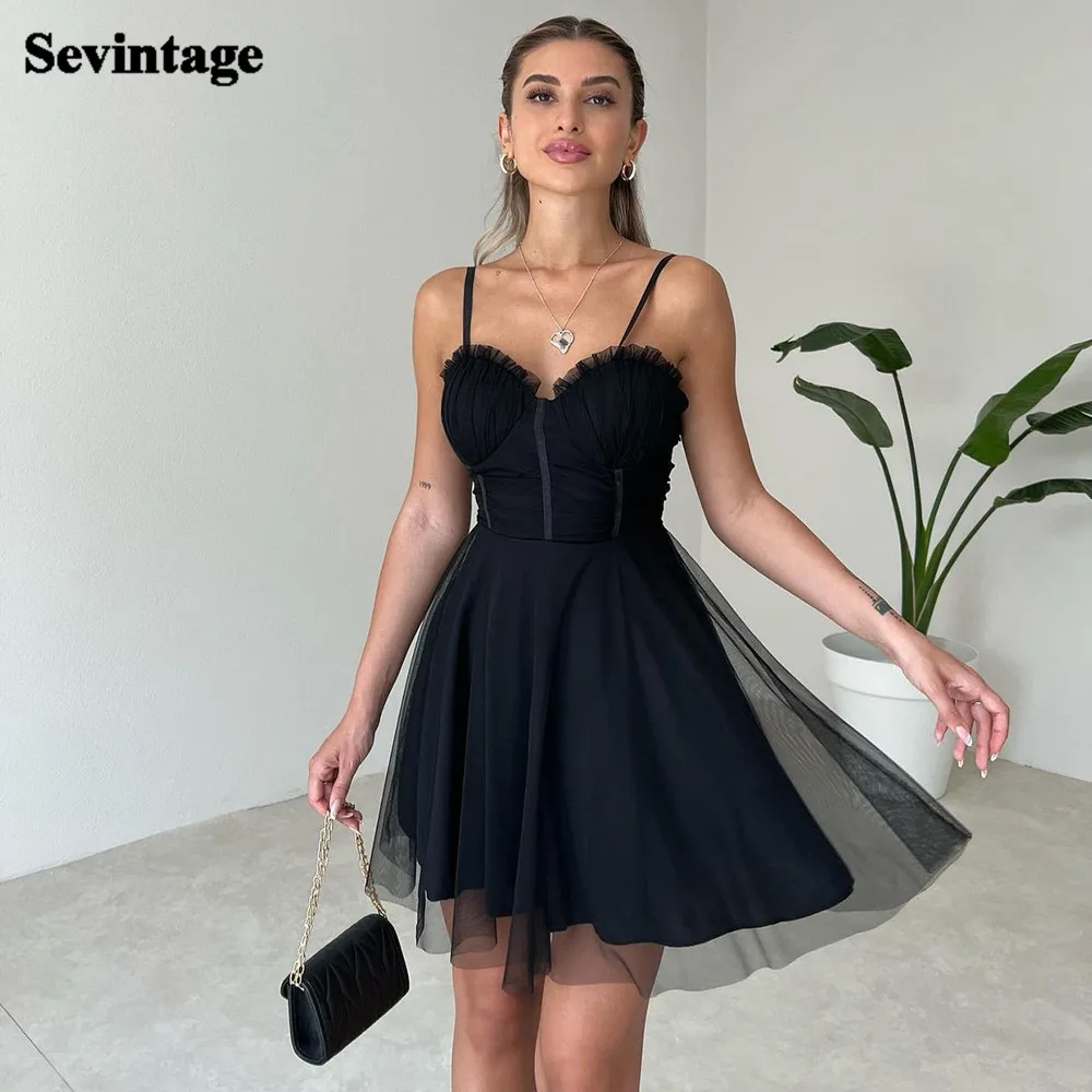 

Sevintage Simple Black Tulle Mini Prom Dresses A Line Spaghetti Strap Graduation Party Gowns Short Formal Homecoming Gown 2022