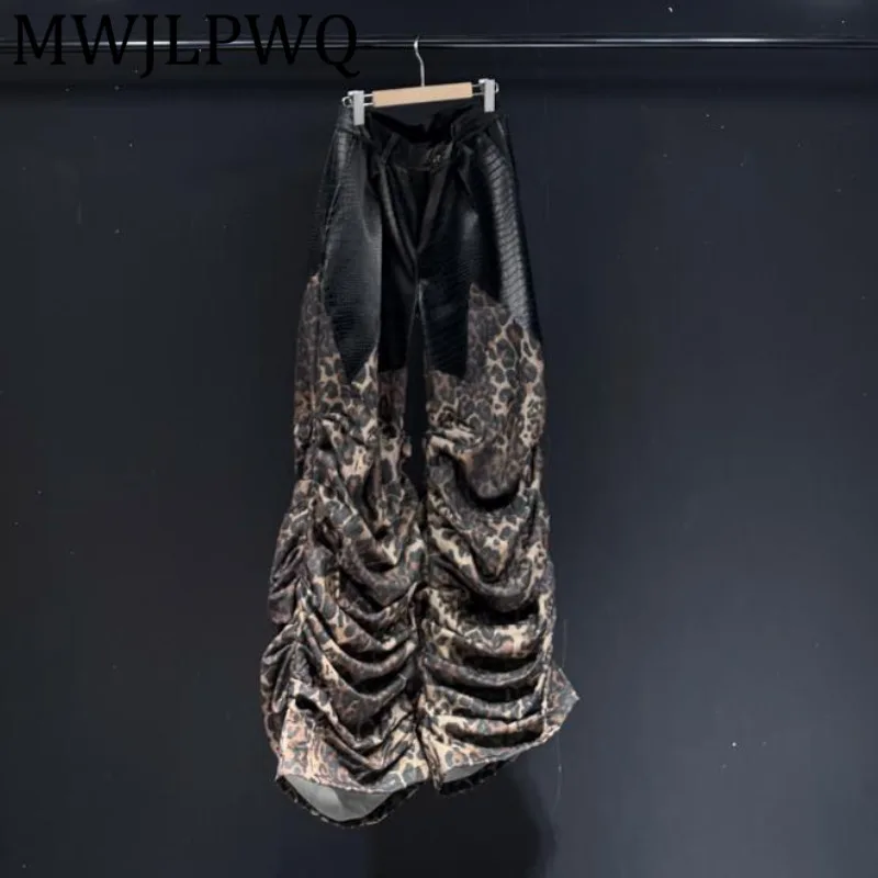 

MWJLPWQ дизайн леопардовый принт в стиле пэчворк свободные повседневные брюки мужские плиссированные брюки унисекс с широкими штанинами Niche High Street новые 12260