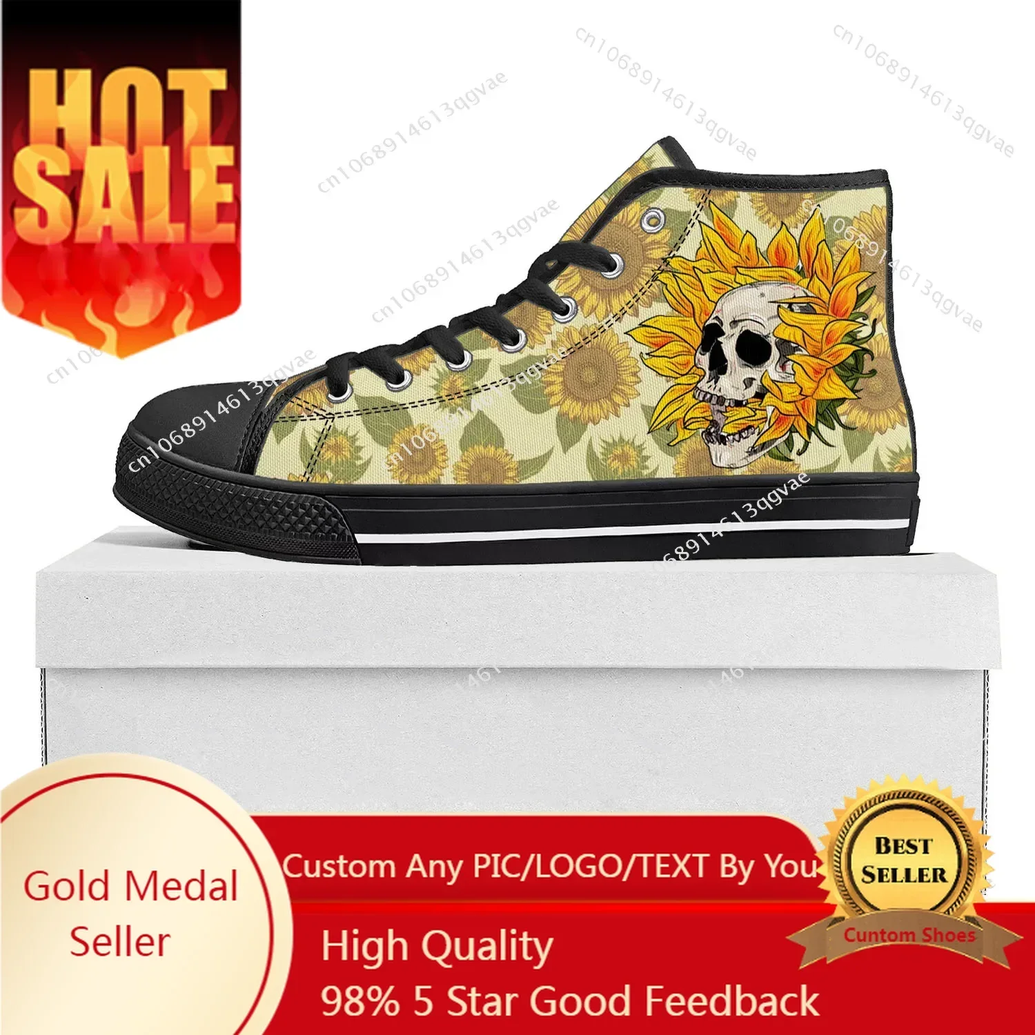 

Sunflower Skull High Top Sneakers Mens Womens Canvas Sneaker Custom Made Shoe Casual Couple Shoes Black