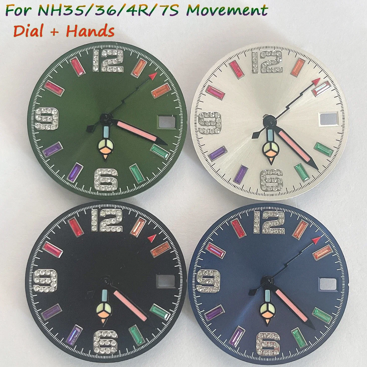 

28.5MM Watch Dial + Hands Suitable For NH35/36/4R/7S Movement Green Luminous Watch Colourful Dial Watch Accessories Repair Tool