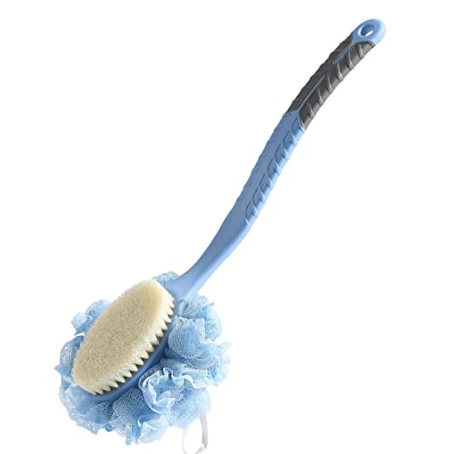 

[2nd Generation] Shower Body Brush with Bristles and LoofahBack Scrubber Bath Mesh Sponge with Curved 16" Long Non-Slip Handle