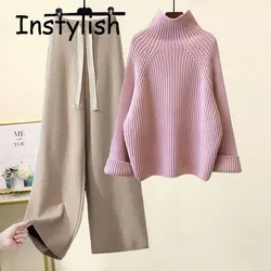 Women Elegant Turtleneck Loose Sweater and Knitting Wide Leg Pants Suit Harajuku Elegant 2 Pieces Set Loose Pullover Jumper