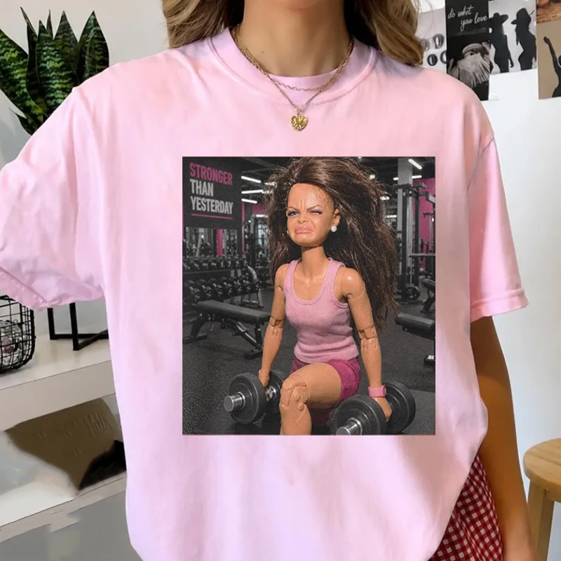 Funny Gym Doll T Shirt Workout Meme T-Shirt Designs Casual Sports Gym Girl Humor TShirt Women Ladies Short Sleeve Tee Shirt
