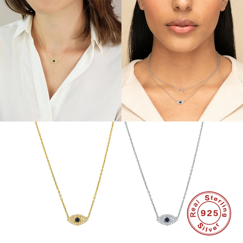 925 Sterling Silver Vintage Blue Crystal Necklace Pendant Clavicle Chain Statement Women Jewerly Accessory Collares Bijoux Femme