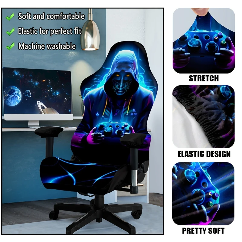 Skull Print Gaming Chair Cover Elasticity Chair Cover Set with Armrest Covers/Chair Back Covers/Chair S Home Office Decoration