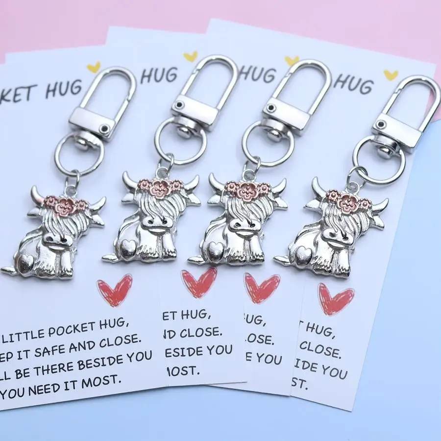 1/5/10/20/50/100pcs Gift For Her/Him 2/4-Pack Vintage Highland Cow Keychain Set | Includes Pocket Hug Card, Suitable for Men and
