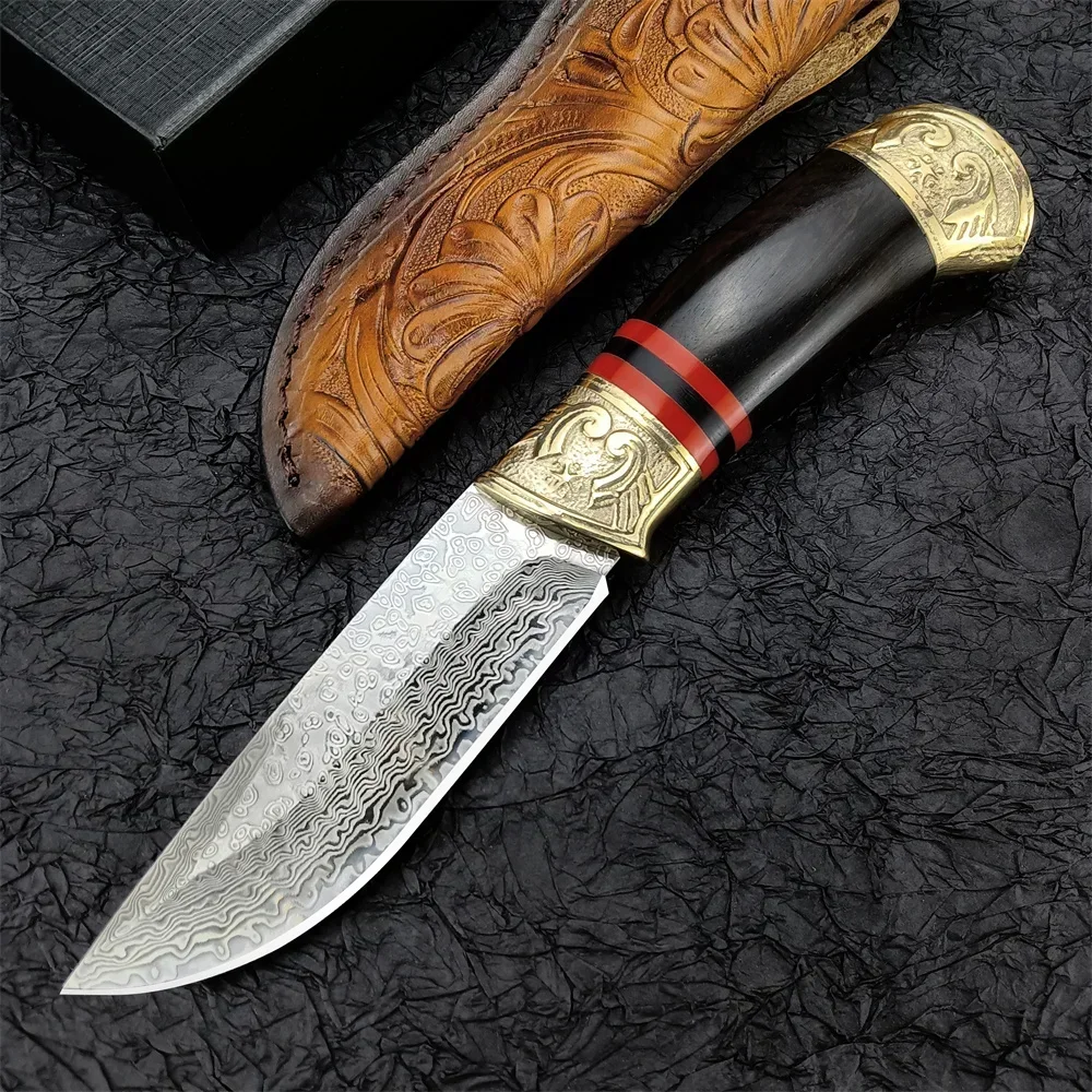 Classic Mongolian Damascus Steel Fixed Blade Straight Knife, Suitable For Hunting Camping Hiking, With Carved Leather Sheath