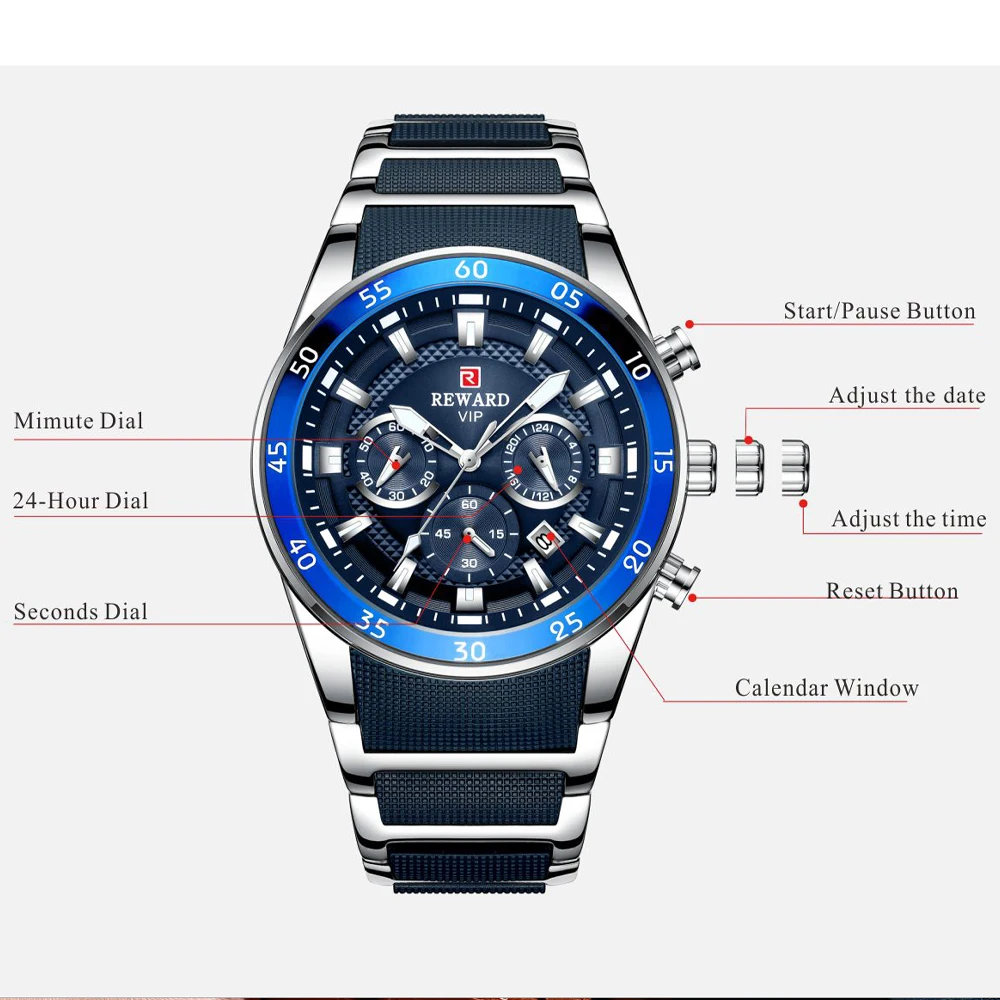 REWARD Big Dial Mens Watches Top Luxury Brand Sport Waterproof Watch Men Chronograph Quartz Clock Automatic Date WristWatches