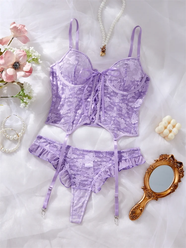 Fairy Sexy Lingerie Floral Lace Transparent Bra Set Purple Romantic Lingerie Garter Ruffles Underwear Beautiful Bandage Lingerie