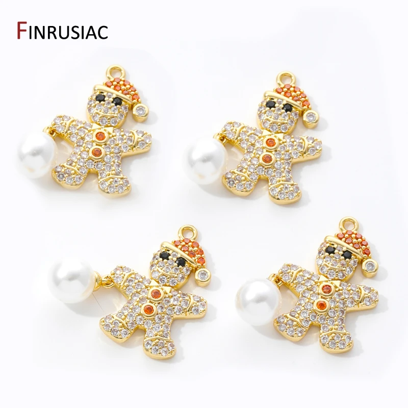 18K Gold Brass Inlaid Zircon Christmas Charms Bell Gingerbread Man Pendants For DIY Jewelry Making Crafts Accessories