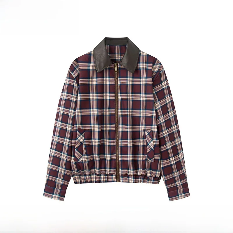 Early Autumn New Arrival Women's Fashionable Casual Plaid Pilot Jacket Outerwear Versatile Polyester Fiber Long Sleeve Zipper