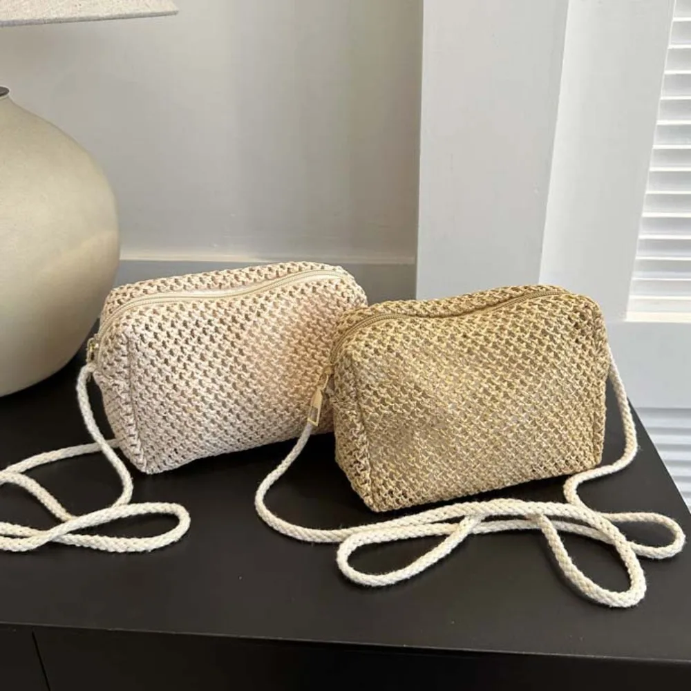 

Shoulder Bag Beige Casual Straw Purse Hollow Out Khaki Woven Square Bag Lightweight Polyester Summer Beach Pouch Spring