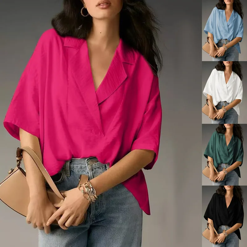 

2025 Summer New Short-sleeved Lapel Casual Loose Top Solid Color Shirt European Beautiful Woman Style