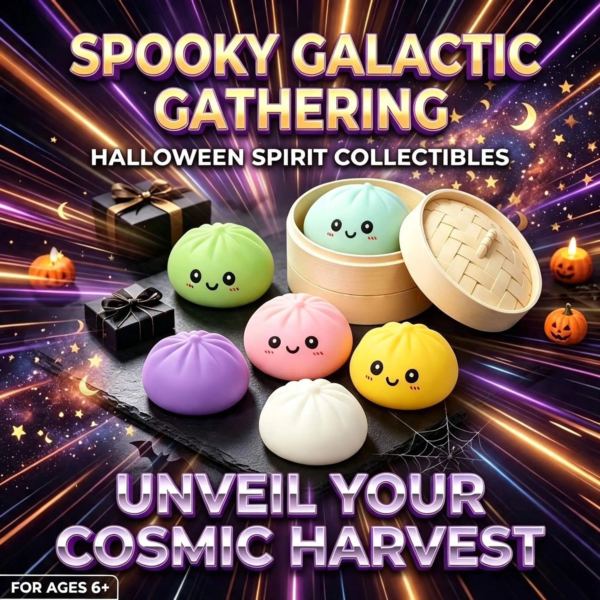 Halloween Bun Set of 18 (6 Buns+6 Steamers+6 Steamer Lids), a portable tabletop travel decompression toy, cute collectibles and trick or treat bag fillers, a great choice for party gifts