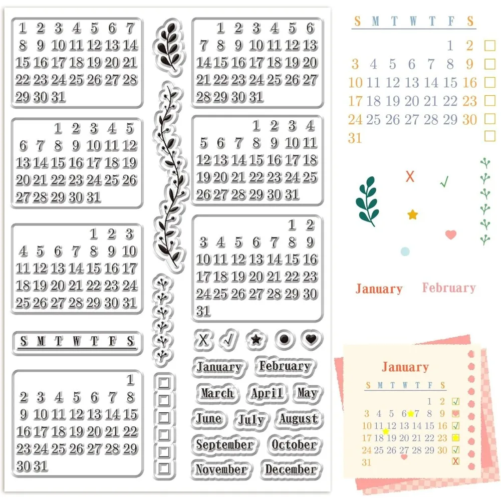 Calendar Clear Stamps Sheets Reusable Transparent Rubber Planner Week Month Date Number January December Silicone Stamp Seals
