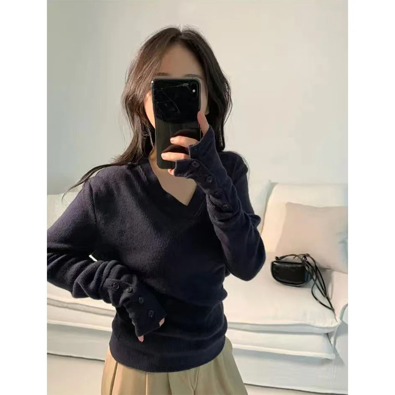 MEXZT Streetwear Grau Pullover Frauen Mode V-ausschnitt Gestrickte Pullover Koreanische Langarm Strickwaren Winter Tasten Design Jumper