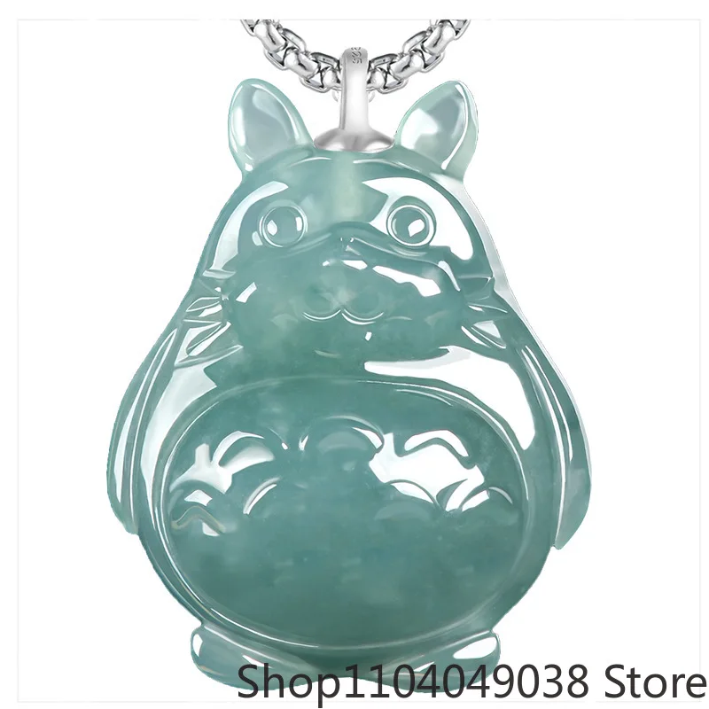 Collar con colgante de Totoro de jadeíta azul de Myanmar, regalos para mujer, amuleto tallado en plata 925, joyería auténtica, Jade birmano