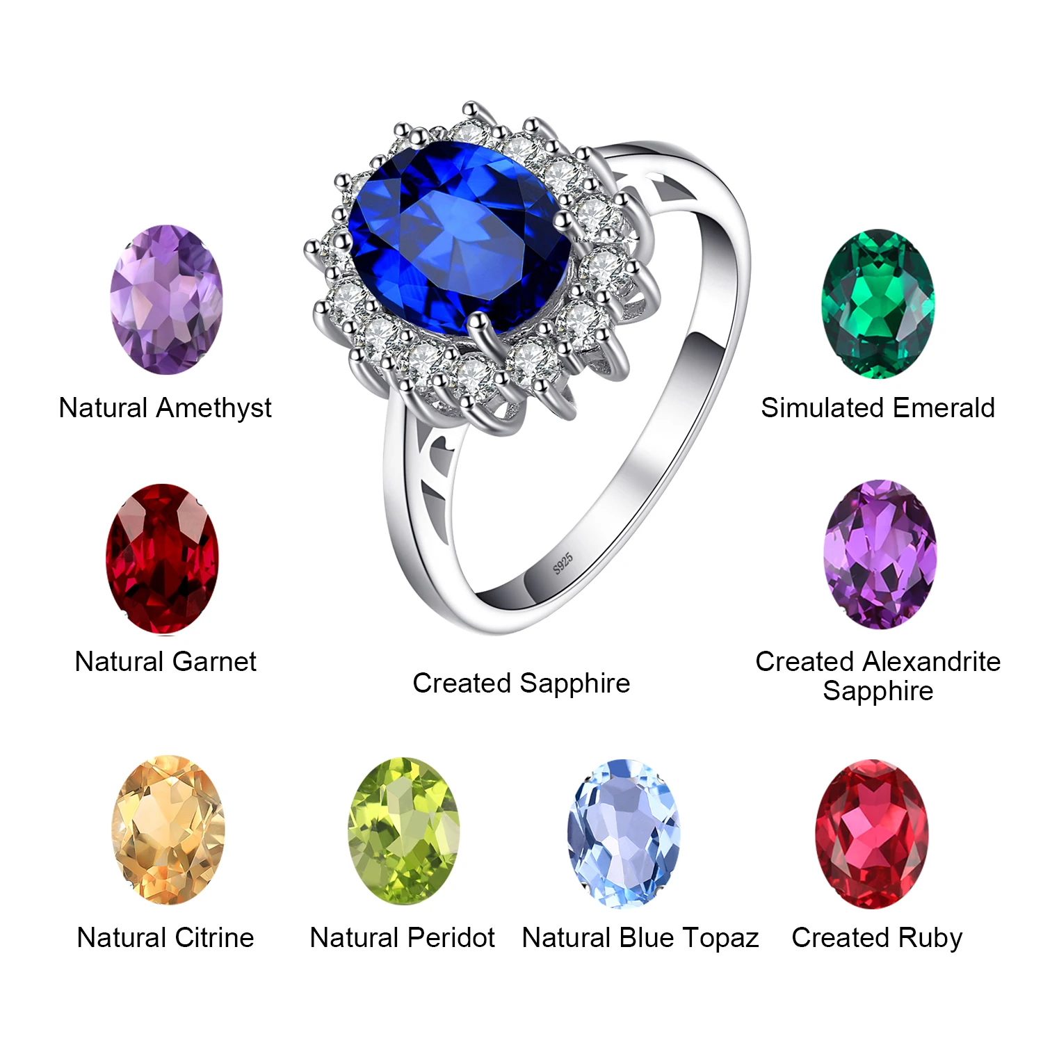 Jewelrypalace Diana Gemaakt Sapphire 925 Sterling Zilveren Halo Gemstone Ring Natuurlijke Amethist Citrien Granaat Peridot Blue Topaz