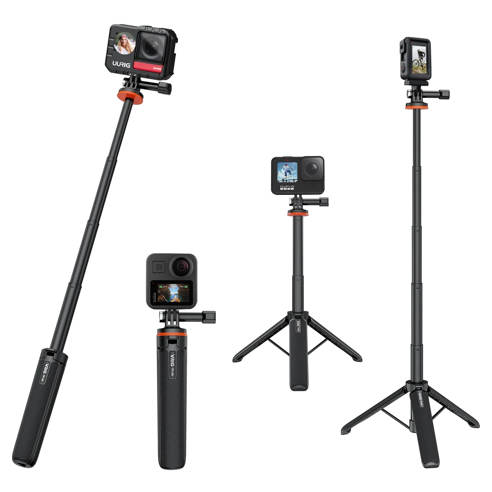 

VRIG TP-08 Sports Camera Selfie Stick Tripod Stand 51cm Max. Height for GoPro 11/10/9 Vlog Live Streaming Selfie Video Recording