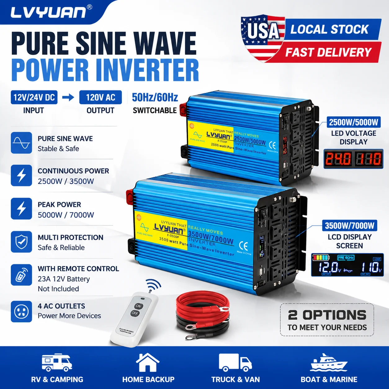 Pure Sine Wave Inverter 2500W 3500W Continuous 5000W 7000W Peak, 12V/24V DC to 120V AC Converter, 50Hz 60Hz, Remote Control