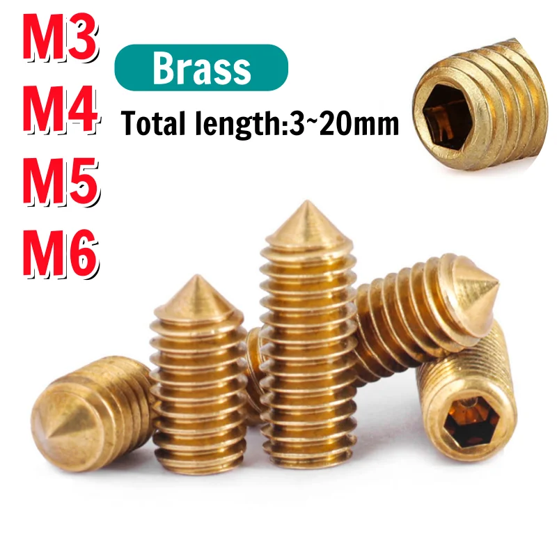 10~30pcs Brass Taper Point Setting Screw M3 M4 M5 M6 Headless Hexagon Socket Cone Point Grub Set Screw