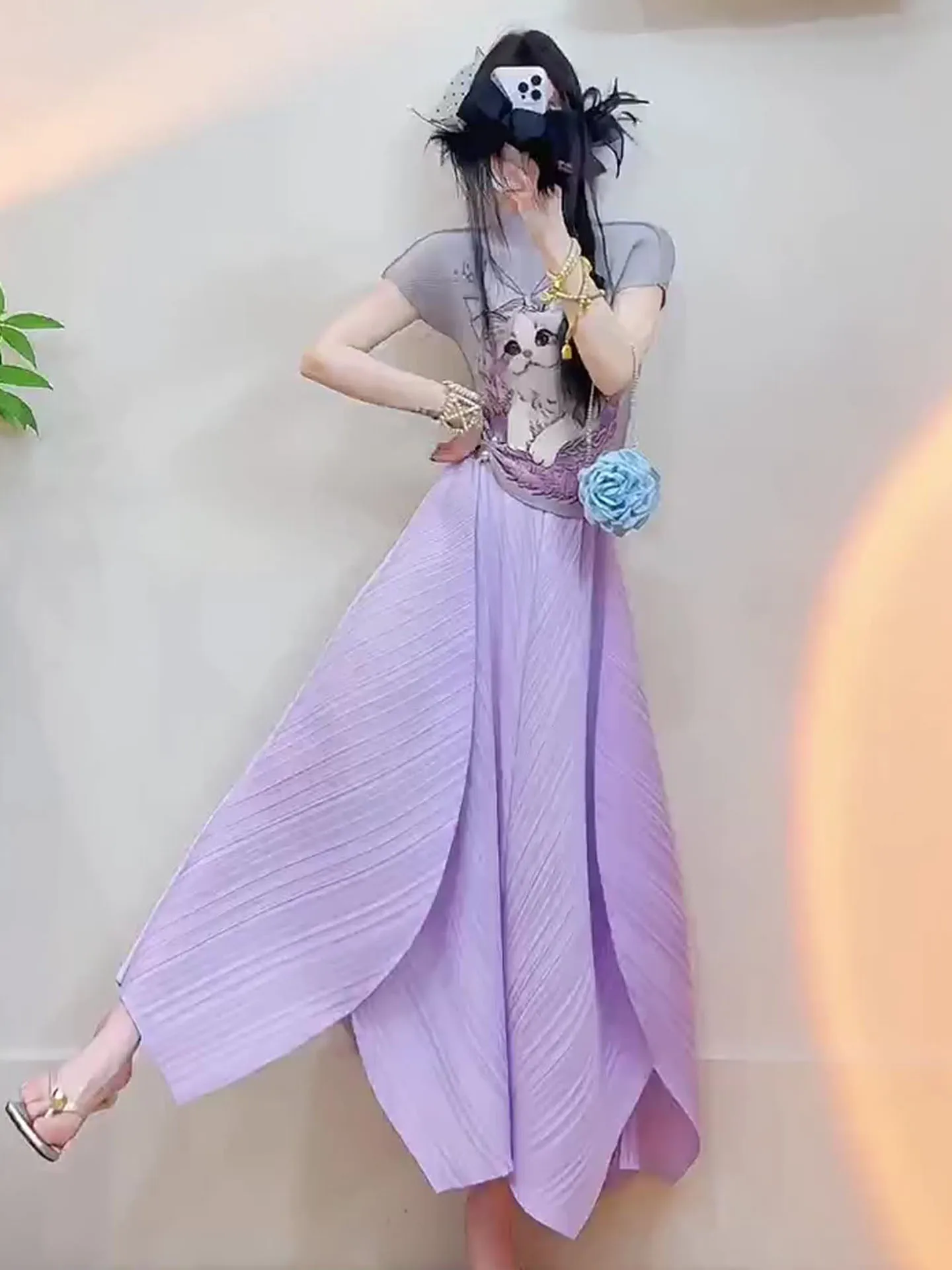 

Summer Purple Pattern Half Skirt And Top Set Three Houses Style Pleated Fashionable Women's Ensemble Polyester Short Slee...