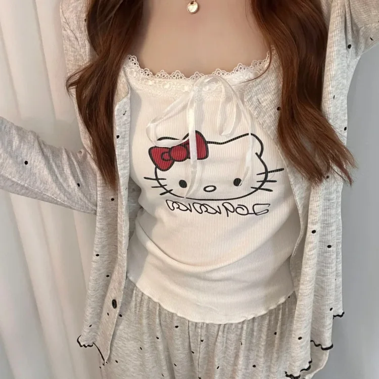 

Пижамный комплект с рисунком «Hello Kitty», женская осенняя домашняя одежда, кардиган, жилет, брюки, мягкая удобная домашняя одежда, одежда для сна, 3 шт. ﻿ ﻿