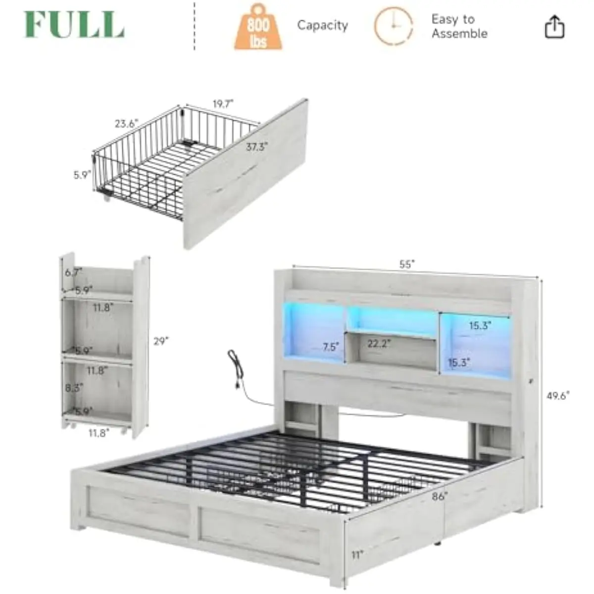 Full Size Farmhouse Bed Frame Featuring Bookcase Headboard Open Shelving Side Drawers Quiet Metal Support Beams Integrated Charg