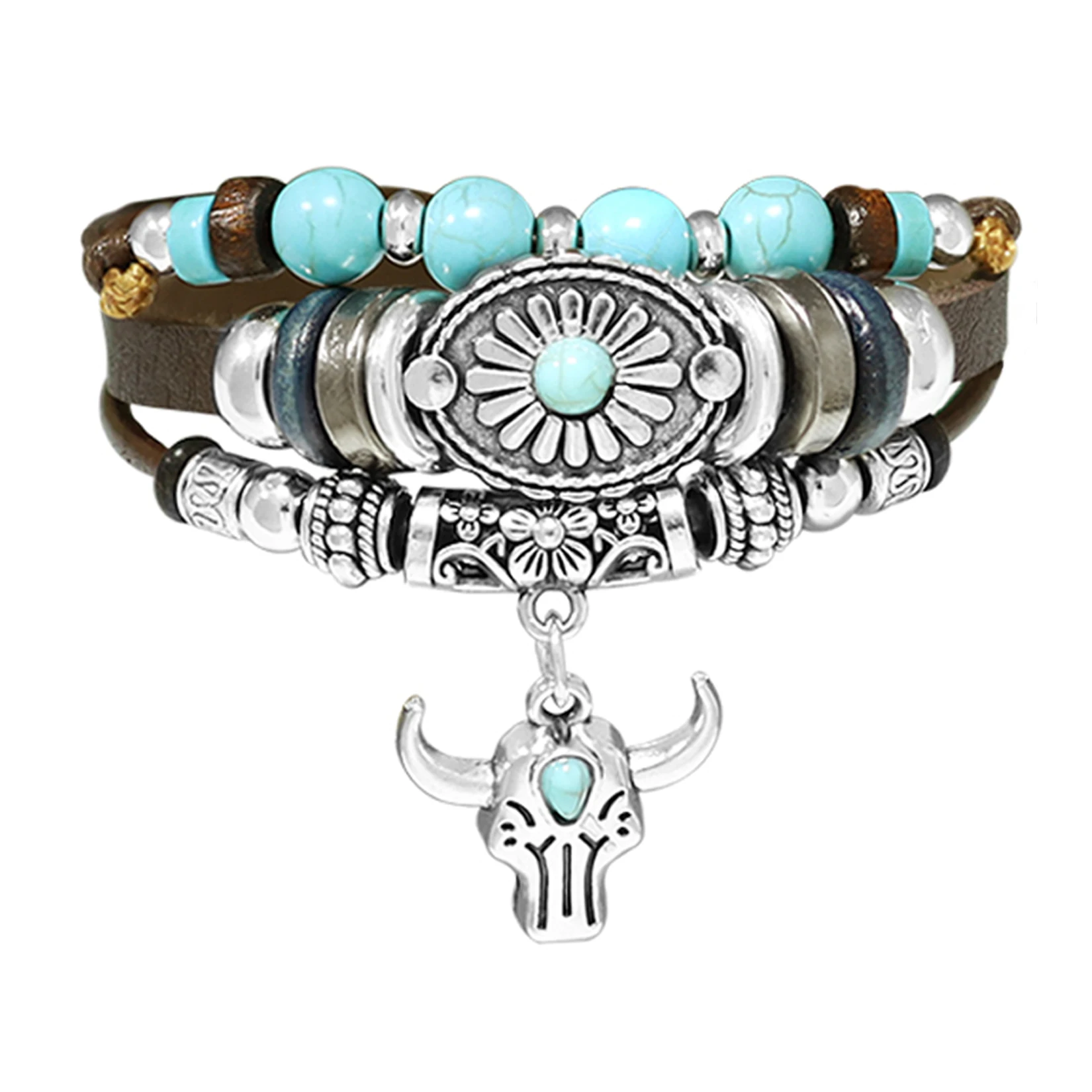 Bohemia Ethnic Leather Bracelets For Men Women Vintage Bull Head Pendant Turquoise Beaded Bangle Western Cowboy Jewelry