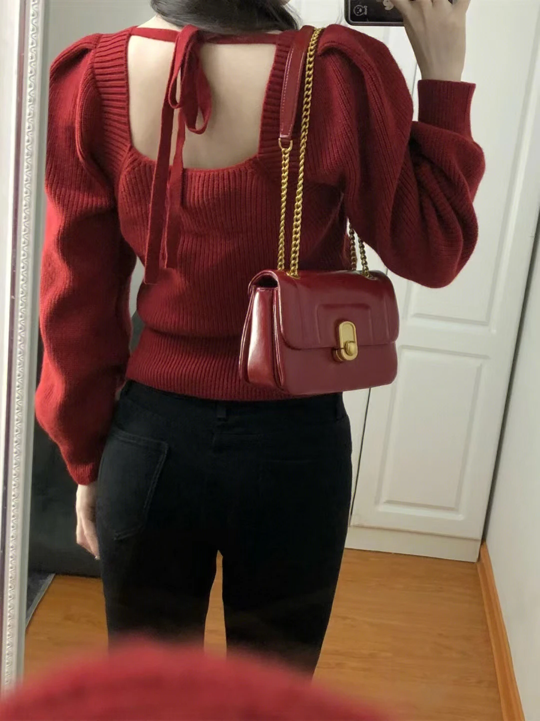 Sweaters Pullovers Women Red Bandage Backless Puff Sleeve Christmas Date Knittedwear Loose Casual Square Collar Winter All-match