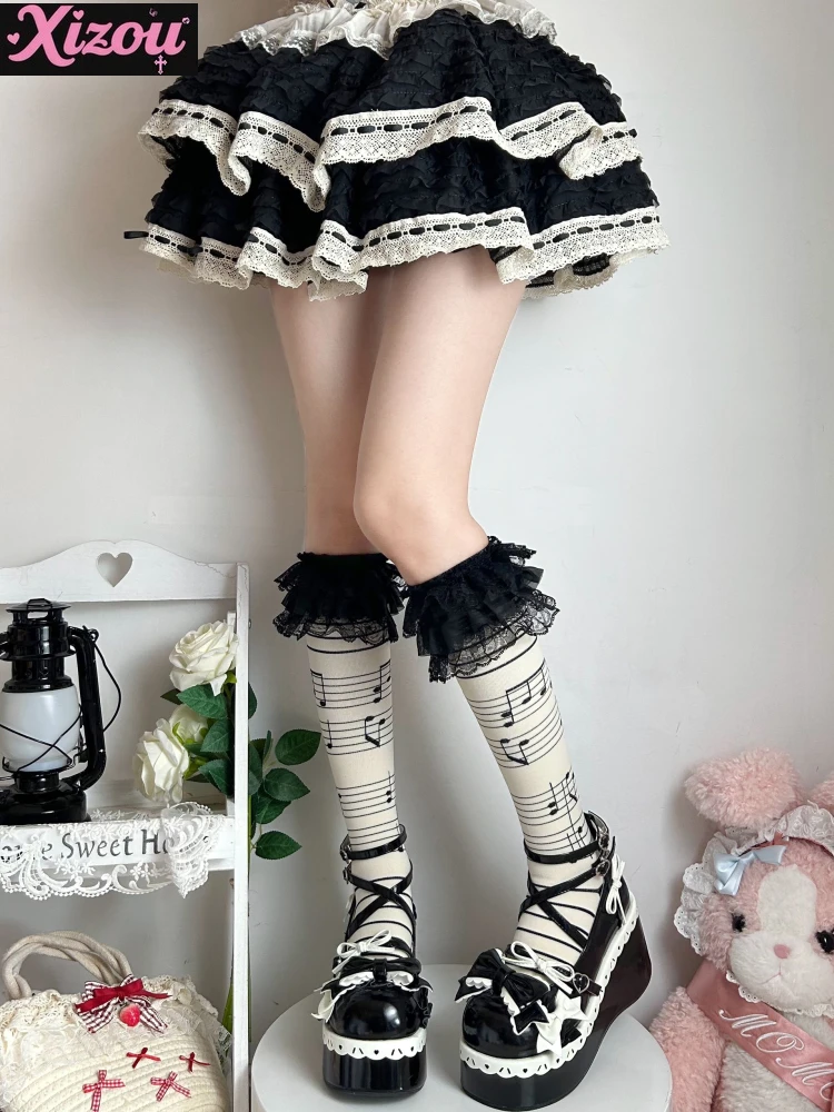 Japanese y2k yabifeng autumn lolita sweet music note black lace calf socks women's pressure socks personality girl tube socks