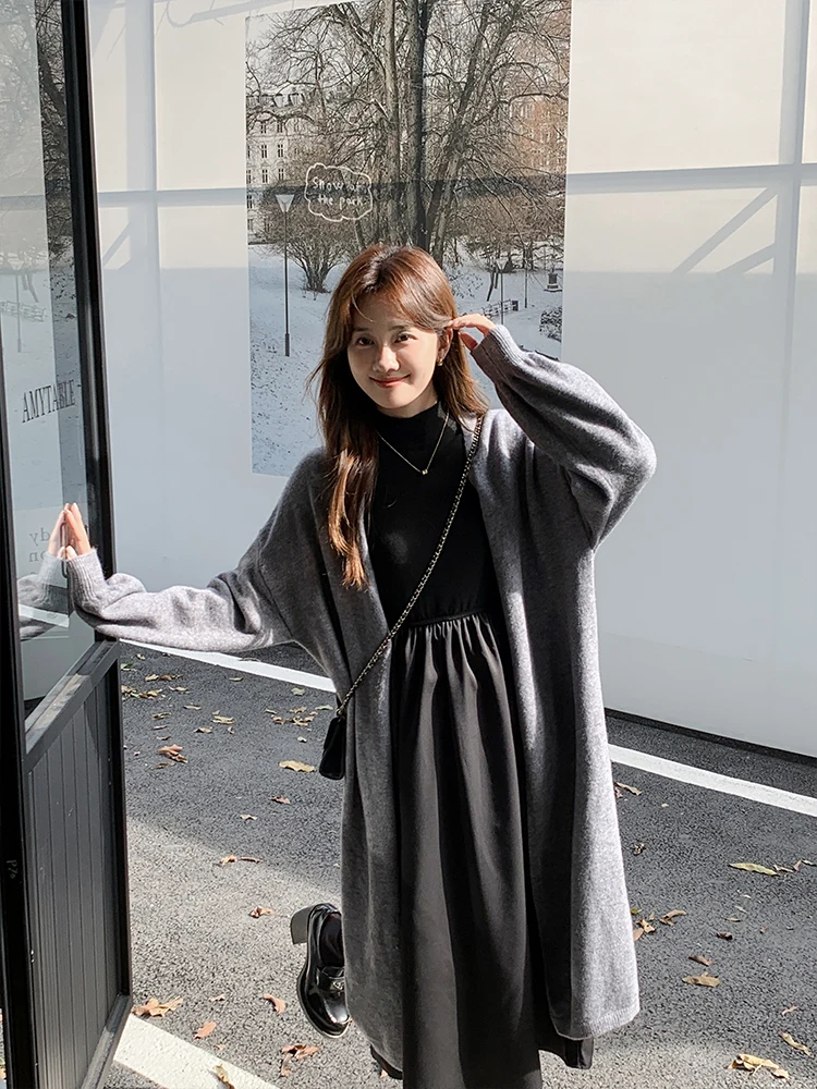 여성용 엘리 롱 아우터웨어 탑과 드 투피스 세트 가을 겨울 고급스러운 느낌 슬림핏 가운 패셔너블 앙상블