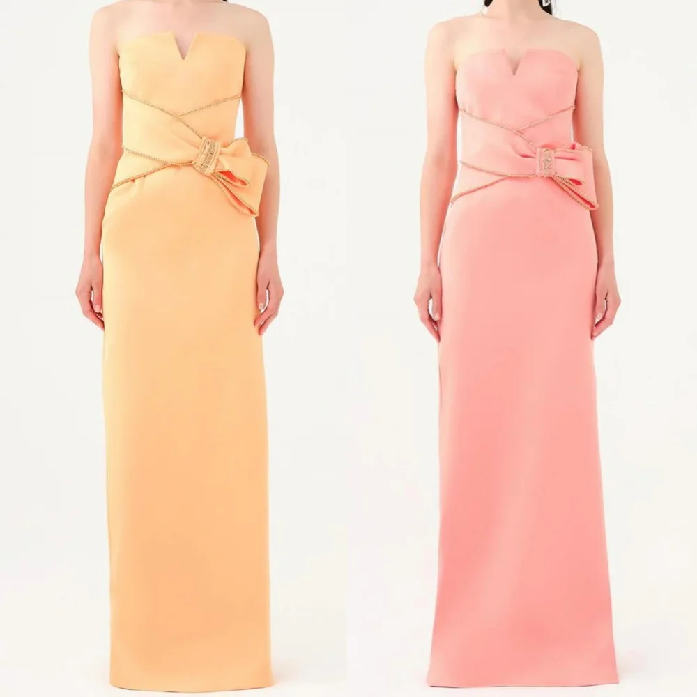 Customized Jersey Bow Beading Evening A-line Strapless Bespoke Occasion Gown Long Dresses