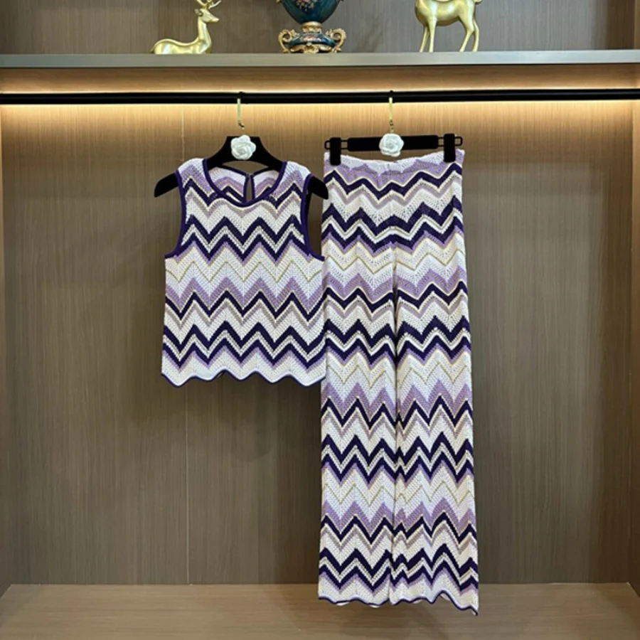 High Quality-Version Color Block Wave Pattern Sexy Thin Casual Knitted Long Pants + Vest Ice Silk Two-Piece Set for Women