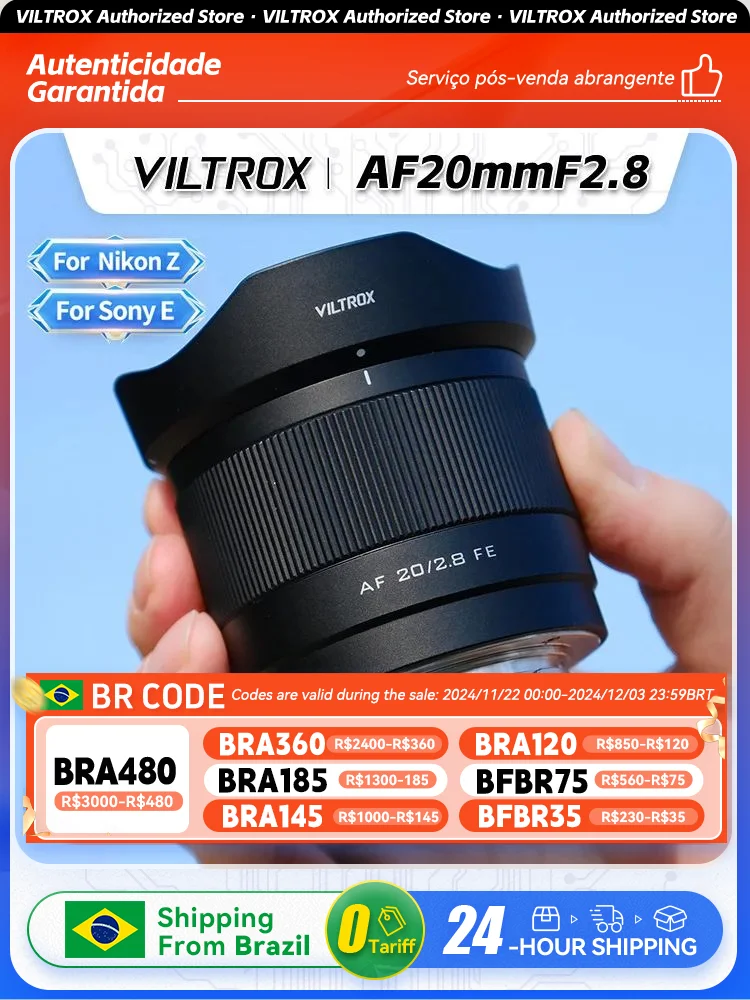 【 Do Brasil 】 Viltrox 20mm F2.8 AF Full Frame Mirrorless Camera Wide Angle Lens for Sony Zve10 A7III A6400 A6600 Nikon 20 2.8