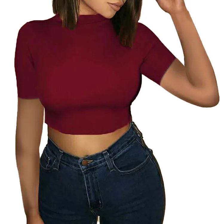 

European and American women's summer amazon new round neck crop top slim solid color short sleeve t-shirt top women