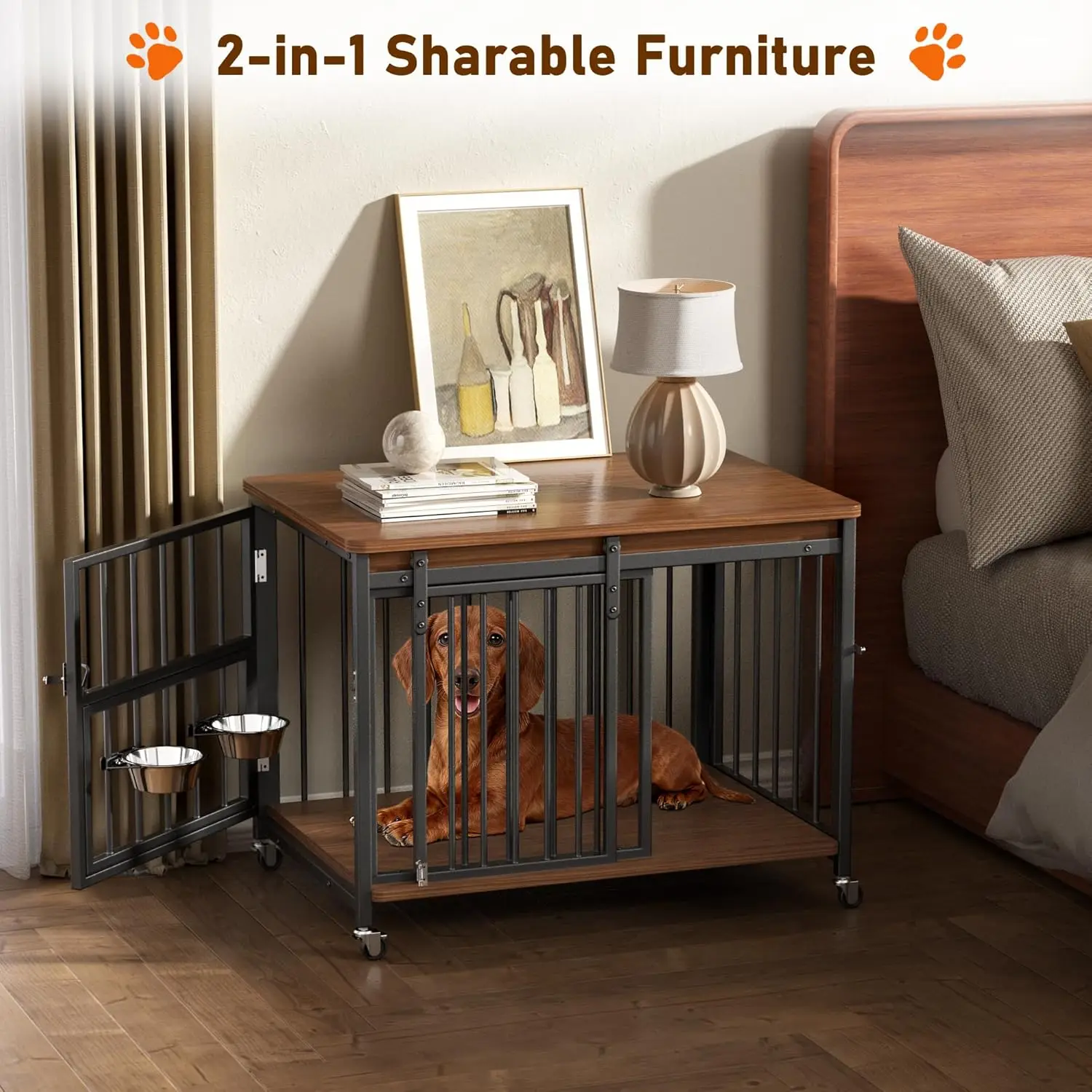 أثاث صندوق الكلاب، بيت كلب خشبي مقاس 32 بوصة داخلي مع باب أمامي منزلق، فتحات متعددة الجوانب ونافذة تغذية بيت قفص الحيوانات الأليفة