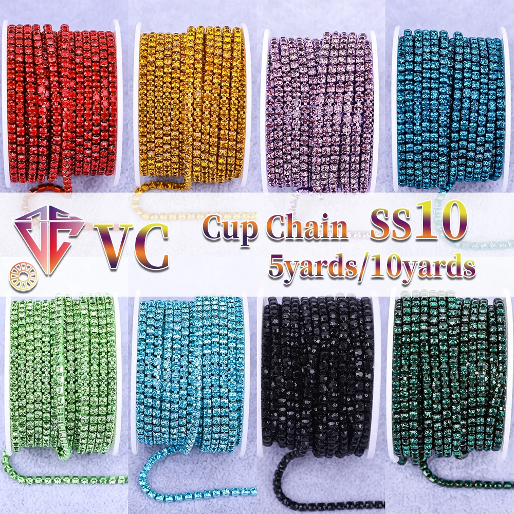 VC SS10 2.8mm Sewing Red Glass Rhinestone Chain 10yards Trim Strass Cup Chain Crystal Ribbon Banding For Clothes DIY Crafts