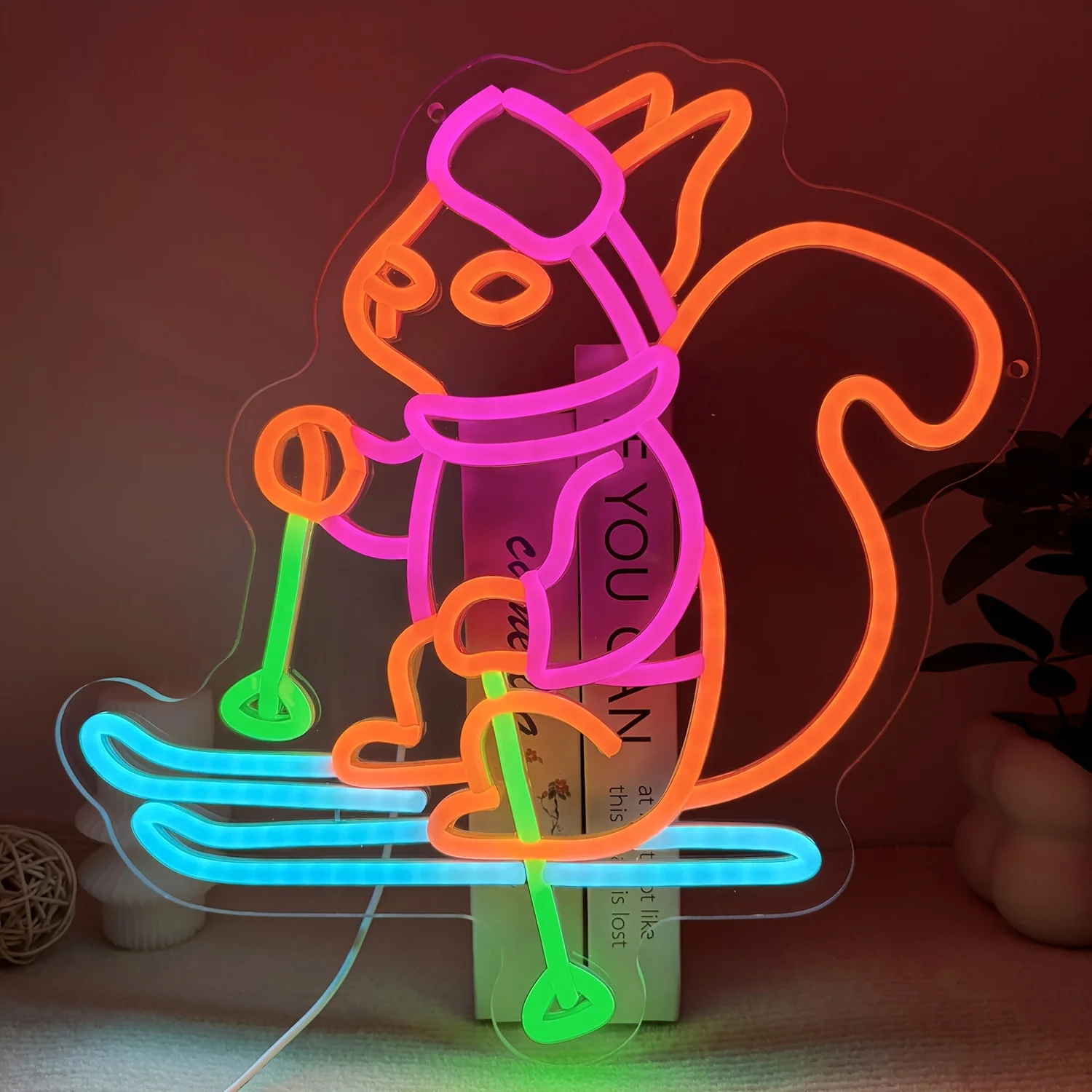 Squirrel Skiing Neon Sign USB Dimmable LED Winter Sports Neon Light for Bedroom Ski Club Pet Store Decor Gift for Skiing Lovers