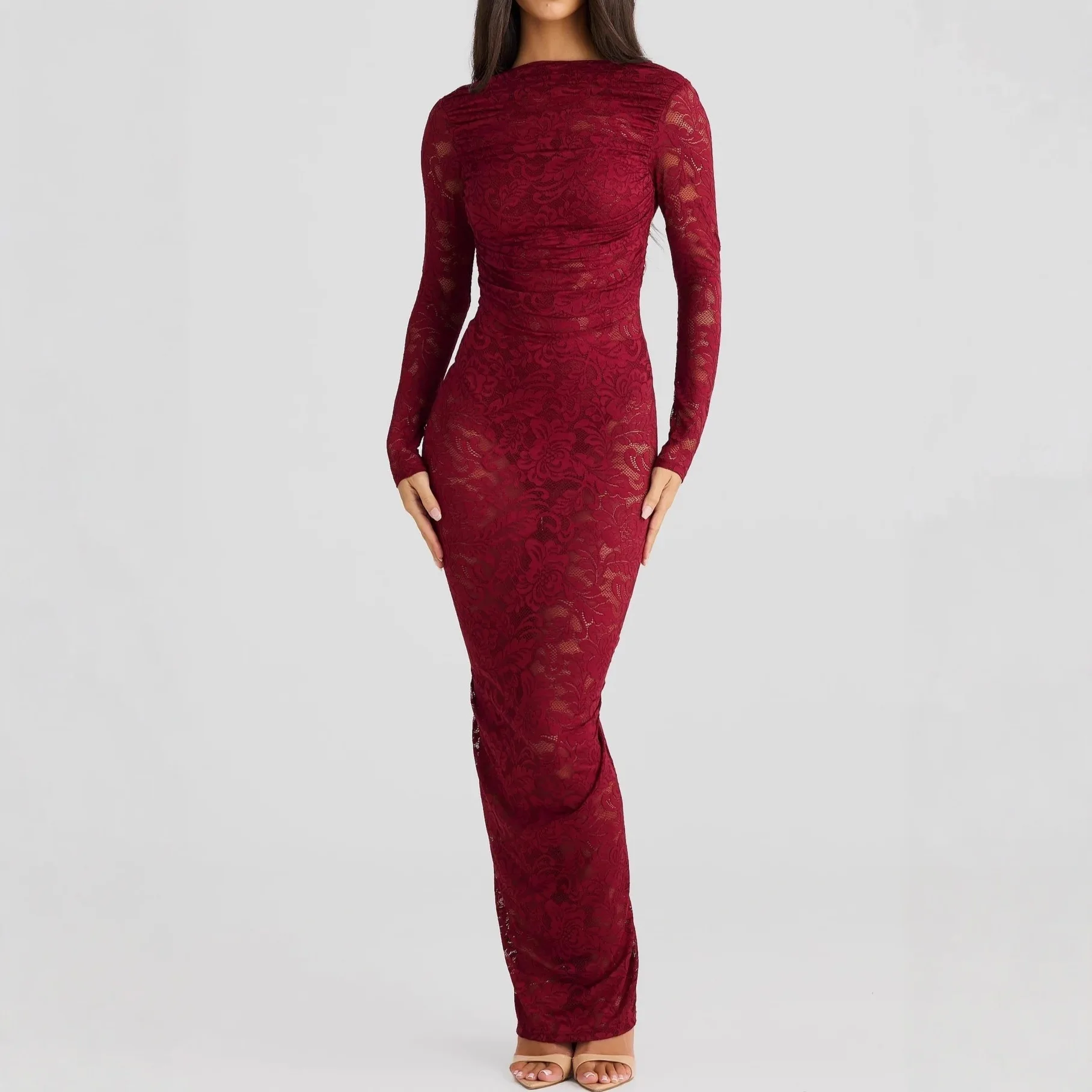 Women Lace 2025 Sheer New Long Sleeve Dress Backless Fashion Sexy Slim Fit Bodycon Long Dress