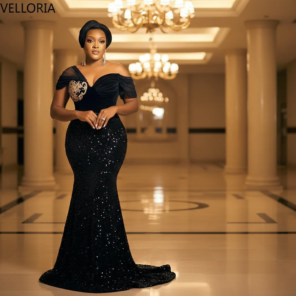 Formal African Women Black Sequin Mermaid Evening Gown Off Shoulder Gold Embroidery Long Train Formal Prom Dress Customized Size