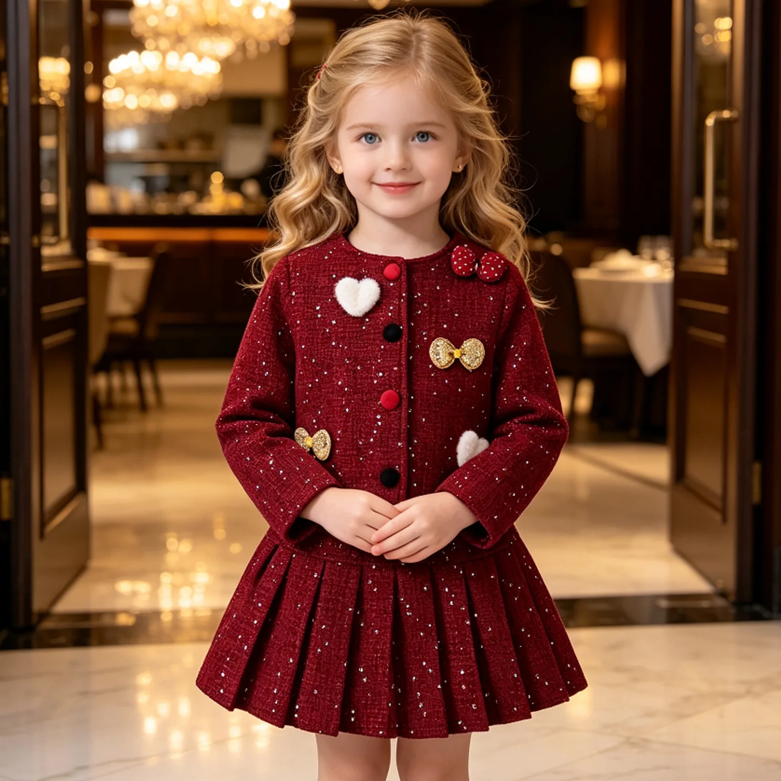 Little Girl Tweed 2‑Piece Outfit Elegant Red Coat Pleated Skirt Set Kids Autumn Winter Party Princess Formal Clothing 90‑130cm