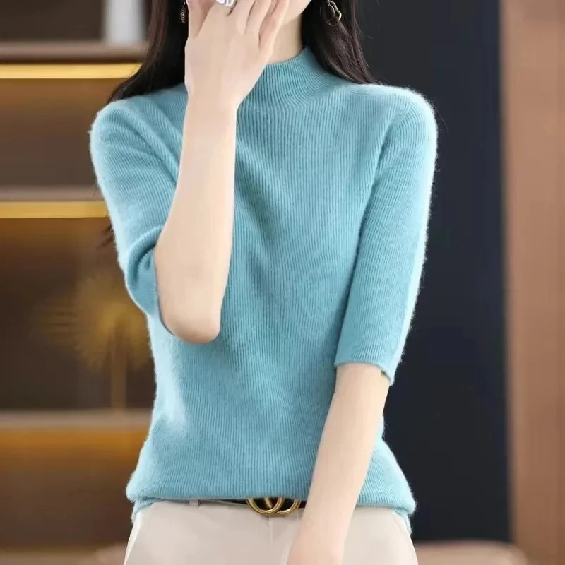 Women Sweater Spring Summer Knitted Pullovers Turtleneck Slim Fit Bottoming Shirts Short Sleeves Soft Knitwear Jumpers Sweaters