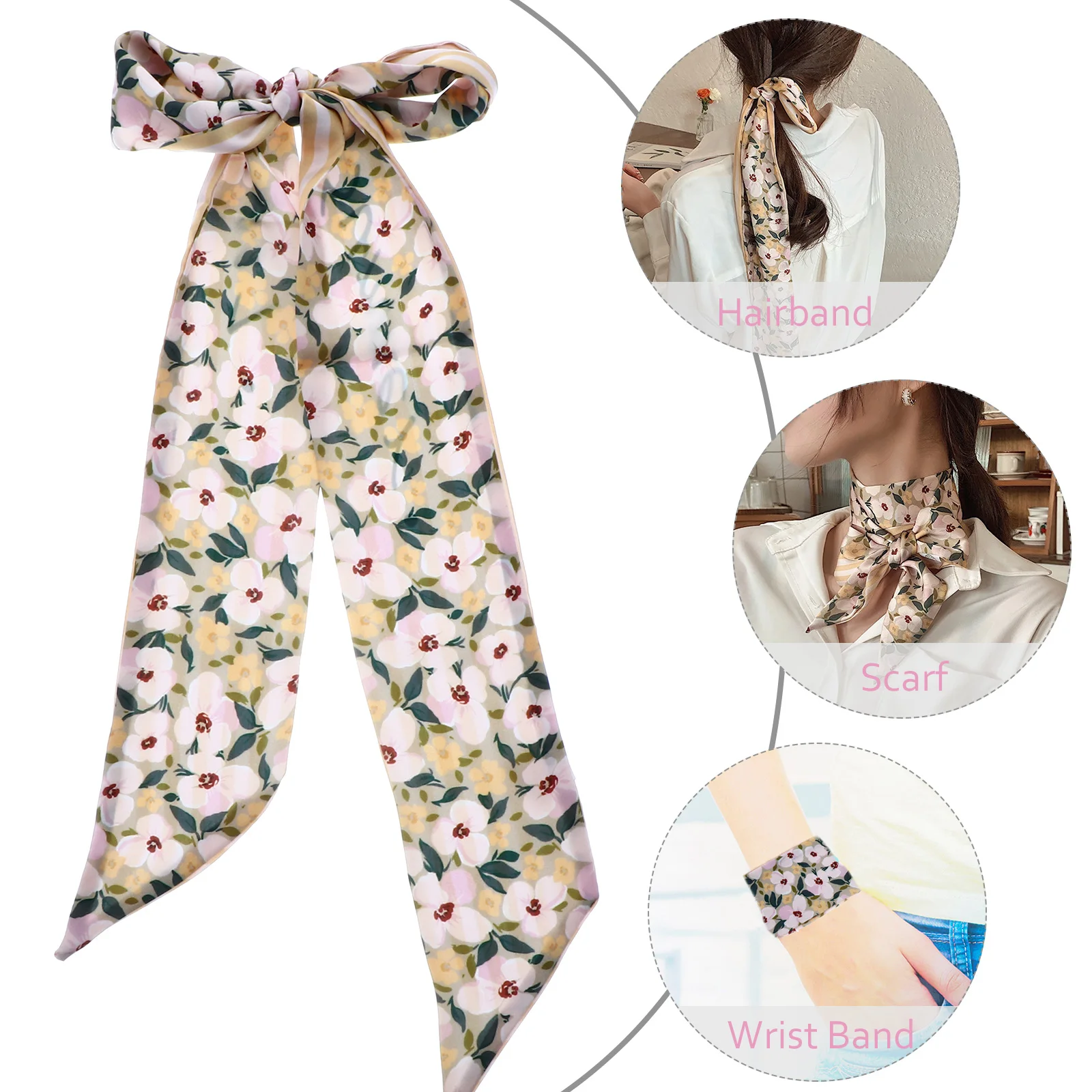 

1pc Flower Pattern Silk Scarf Hair Tie Long Decorative Rope Versatile Hair Band For Women Daily Wear Ponytail Holder
